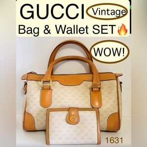 GUCCI Coated Canvas/Leather Matching BAG & Wallet SET🔥IVORY/Camel🤩VGUC/Vintage